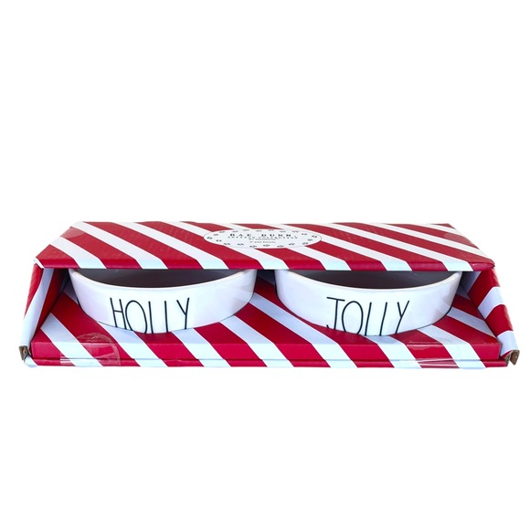 Rae Dunn Holly & Jolly Holiday 4" Pet Bowl Gift Set White w/Black Lettering NIB - Picture 2 of 6